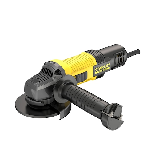 STANLEY FMEG220 angle grinder, yellow and black, with side handle, product photo on white background.