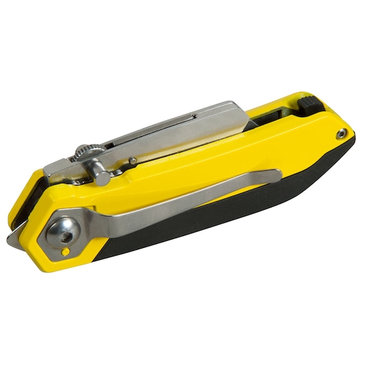 Photo of STANLEY FMHT0-10827 folding utility knife, yellow and black, side angle on white background.