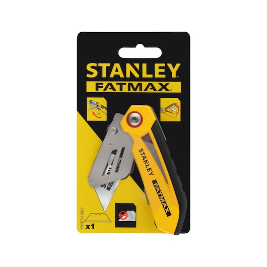 Stanley FatMax folding utility knife in yellow and black retail packaging.