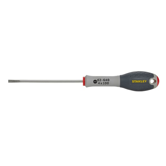 Stanley flathead screwdriver with grey and black handle, model FMHT0-62640, shown against white background.