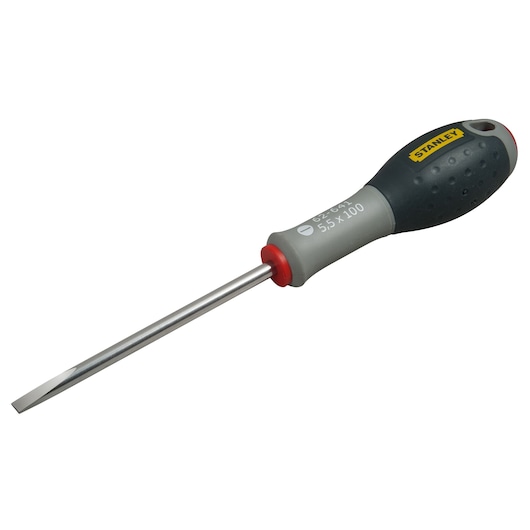 Stanley flathead screwdriver with a grey and black handle and metal shaft, tool for fixing or assembling.