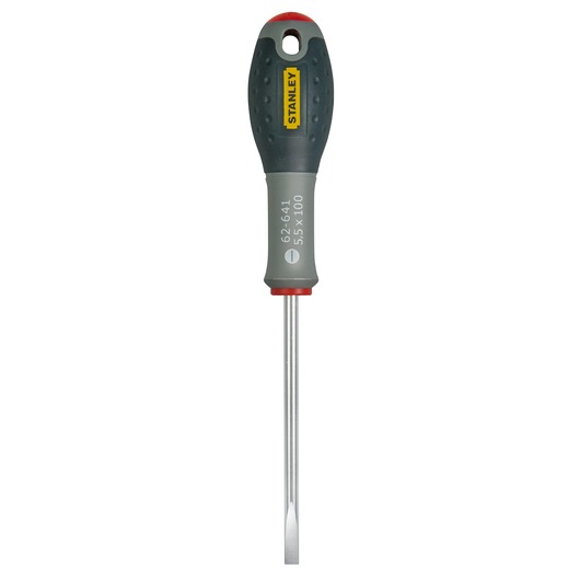 Stanley flathead screwdriver with grey handle and yellow logo, tool for screwing or unscrewing flathead screws.