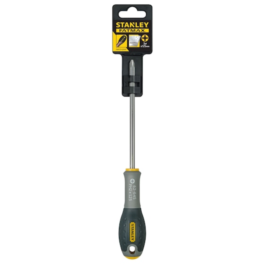 Stanley FMHT0-62645 Phillips screwdriver with grey and yellow handle, front angle on white background.