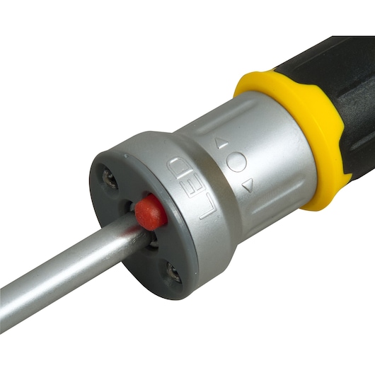 STANLEY FMHT0-62689 screwdriver handle close-up with yellow collar, black grip, and LED indicator, studio angle.