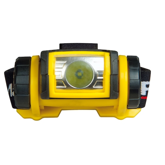 Stanley yellow and black headlamp with adjustable strap, front view, suitable for hands-free lighting.