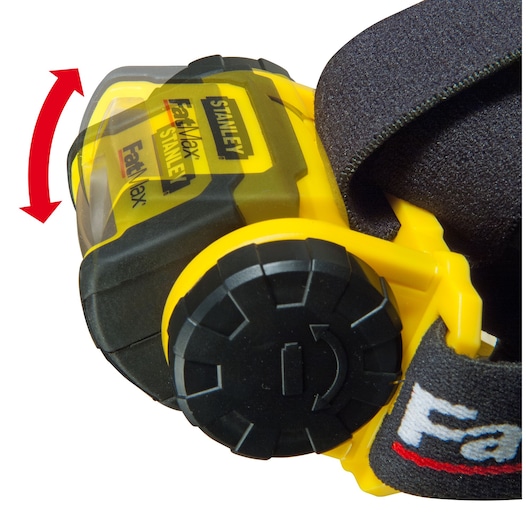 STANLEY FMHT0-70767 headlamp close-up, yellow and black, adjustable angle, FatMax logo visible.