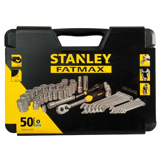 STANLEY FMHT0-73926 socket and wrench set in a black carrying case, product photo front view.