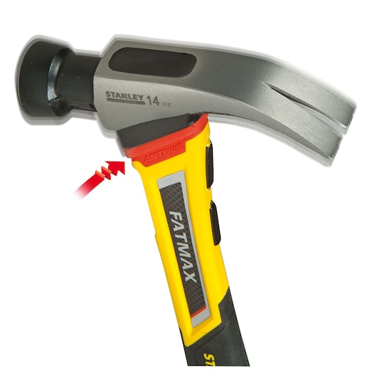 STANLEY FMHT1-51260 claw hammer, side angle, yellow and black handle with FATMAX and ANTIVIBE details, 14 oz.