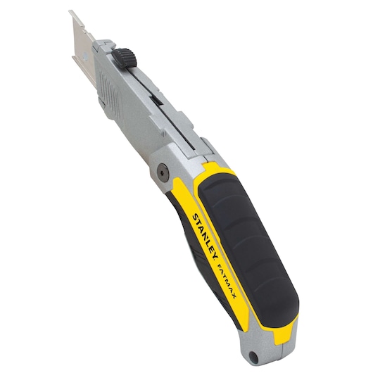 Stanley FATMAX utility knife angled on white background, silver body with black and yellow grip