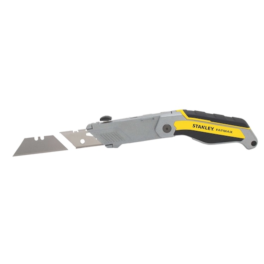 Stanley FATMAX utility knife with black and yellow handle, side view on white background, two replacement blades shown