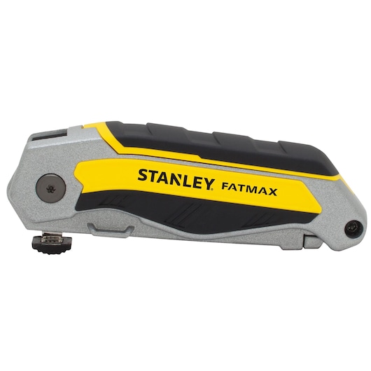 Stanley FATMAX folding utility knife, silver and yellow, side view on white background.