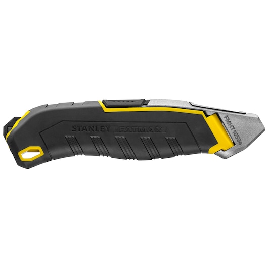 STANLEY FMHT10594-0 utility knife, black and yellow, side view on white background.