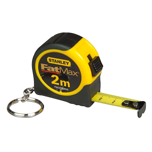 Stanley FatMax 2m tape measure with keychain, yellow and black casing, extended yellow measuring tape.