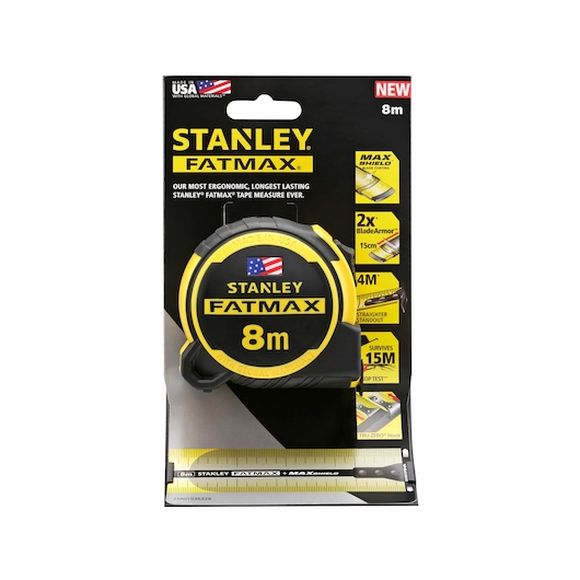 STANLEY FMHT36328 tape measure, 8m, black and yellow, front packaging photo.