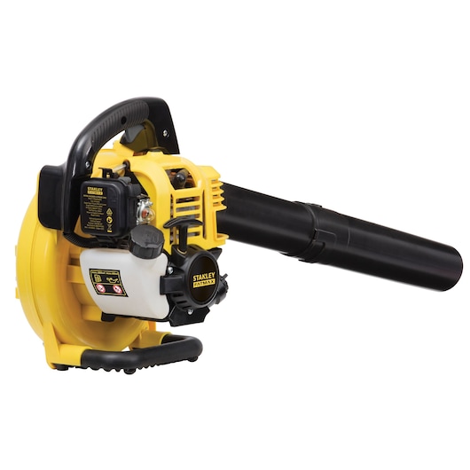 STANLEY FMXOP42603 yellow and black handheld leaf blower, side angle on white background.