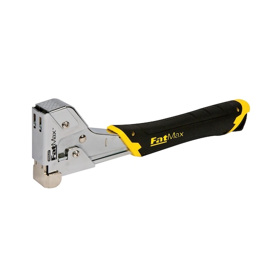 STANLEY FatMax PHT250C hammer tacker with black and yellow handle, side angle on white background.