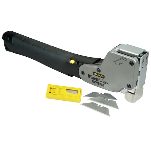 STANLEY FatMax Xtreme utility tool with black handle, replacement blades, and a yellow blade holder.