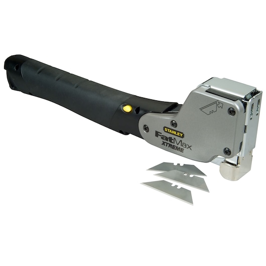 Stanley PHT350T FatMax Xtreme stapler with black handle, three spare blades, white background.