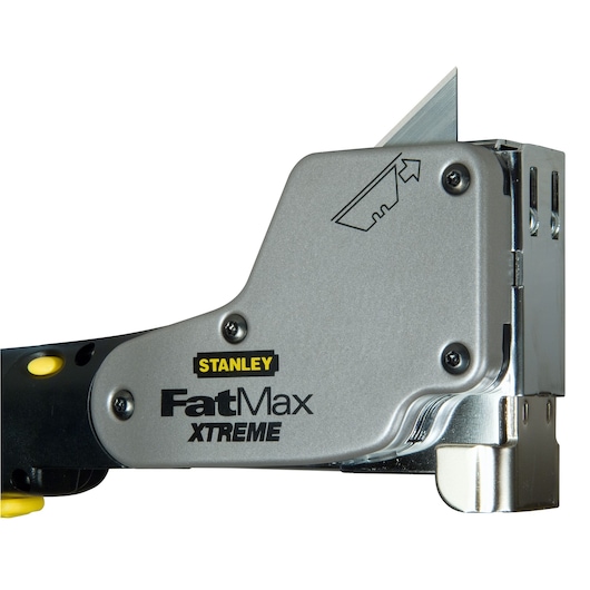 Photo of STANLEY FatMax XTREME staple gun, SKU PHT350T, silver and black, side angle on white background.