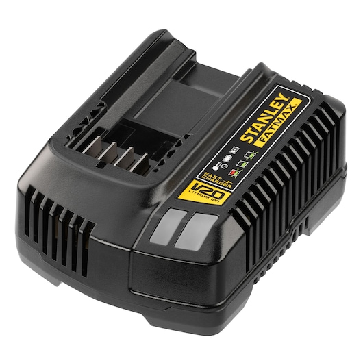 STANLEY SFMCB14 battery charger, black, V20 Lithium-Ion, angled photography on white background.