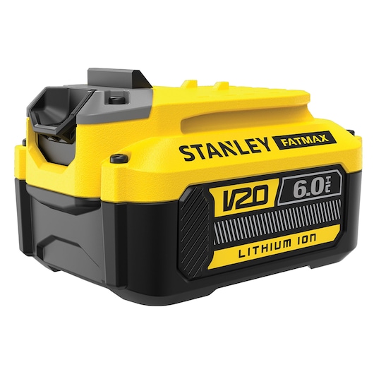 STANLEY SFMCB206 V20 6.0Ah FATMAX lithium-ion battery front angle on white background.