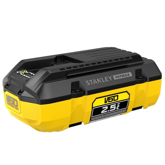 STANLEY SFMCB6025 power tool battery, yellow and black, V60 2.5Ah, front angled view on white background.