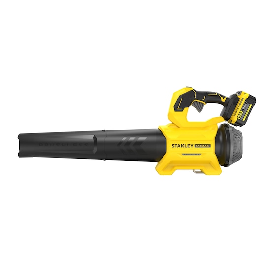 Photo of STANLEY SFMCBL730M1 cordless leaf blower, yellow and black, side angle on white background.
