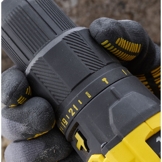 STANLEY SFMCD711DM2 cordless drill close-up showing grip and adjustable torque settings.