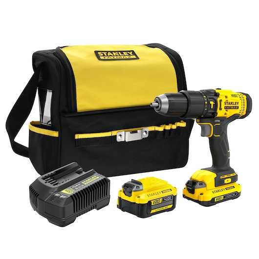 Stanley Fatmax drill kit with tool bag, charger, and two batteries displayed.