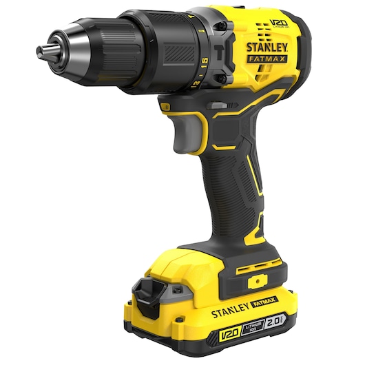 Photo of STANLEY SFMCD715D1A cordless drill, yellow and black, front angle, with V20 Lithium Ion battery.