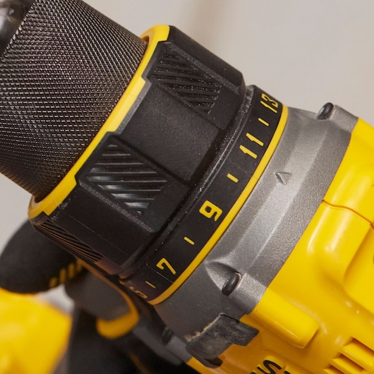 STANLEY SFMCD720DR2 drill close-up showing yellow and black torque adjustment ring and textured grip.