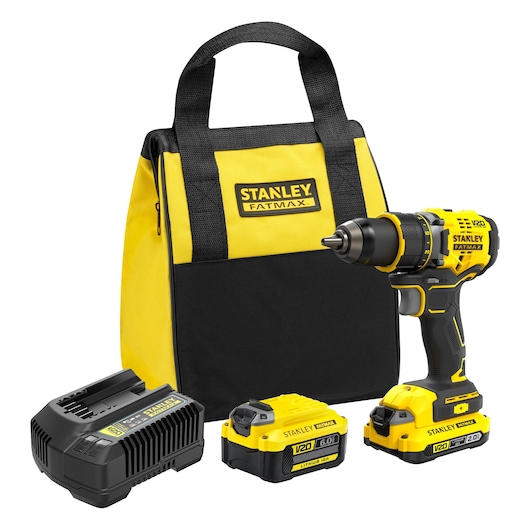 STANLEY SFMCD720DR2 drill kit with yellow-black bag, batteries, charger, front angle, photography
