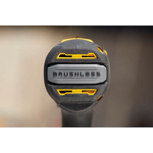 STANLEY SFMCD721DR2 drill front close-up showing BRUSHLESS label, black and yellow accents.