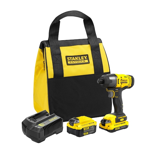 STANLEY SFMCF800DM2 cordless impact driver kit with yellow-black tool bag, charger, and two batteries, front view.