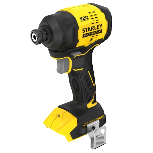 STANLEY SFMCF811B-XJ cordless impact driver, yellow and black, front left angle, photography on white background.
