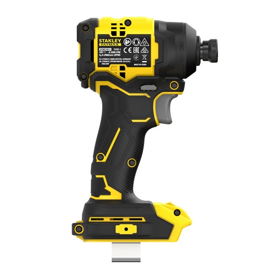 Photo of STANLEY SFMCF811B-XJ cordless impact driver, black and yellow, side view on white background.