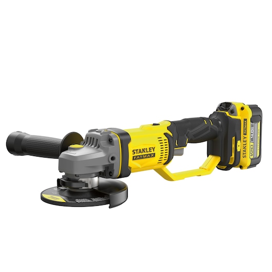 STANLEY SFMCG400M1S cordless angle grinder, yellow and black, side view on white background.