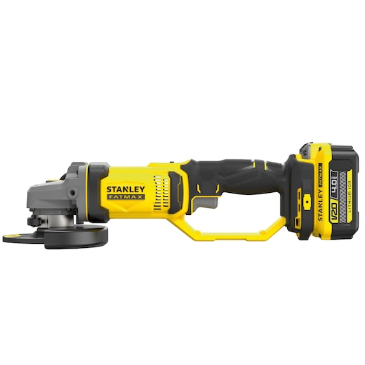 Photo of STANLEY SFMCG400M1S cordless angle grinder, yellow and black, side view on white background.