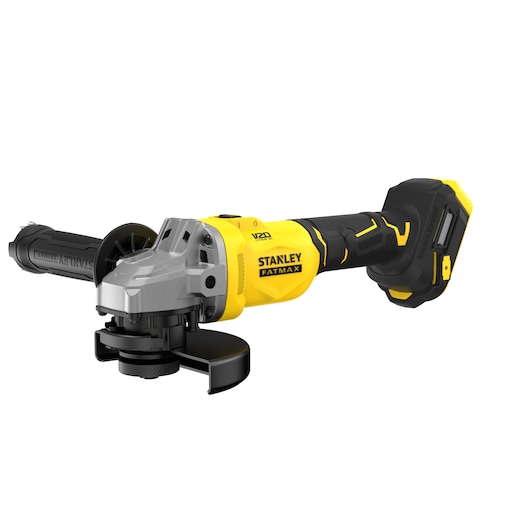 STANLEY SFMCG710B-XJ cordless angle grinder, yellow and black, front-left angle on white background.