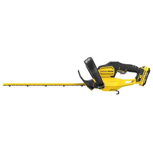 STANLEY SFMCHT650D1 hedge trimmer side view, yellow and black, cordless with battery attached.