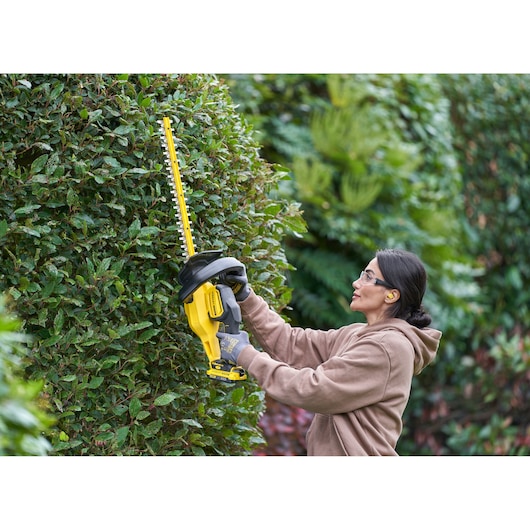 STANLEY SFMCHT650D1 hedge trimmer in use, yellow and black, trimming green bushes outdoors.