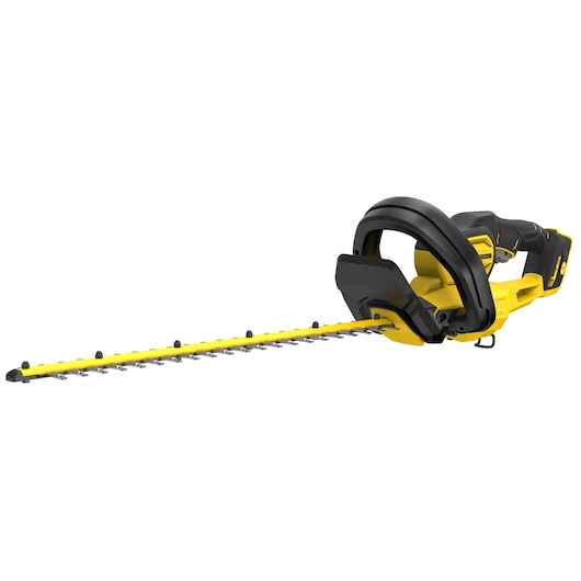 STANLEY SFMCHT655B hedge trimmer, yellow and black, side angle, long dual-action blade, white background.
