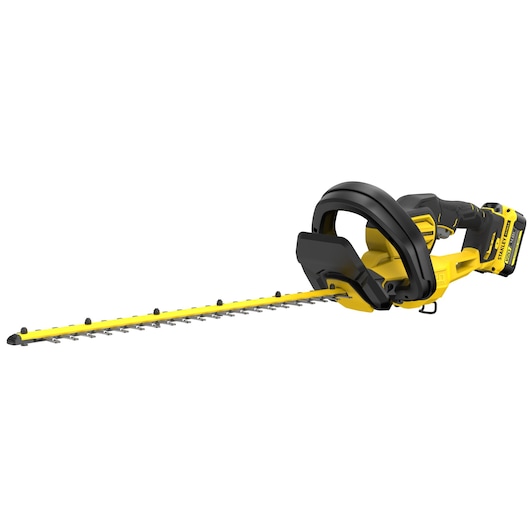 Photo of STANLEY SFMCHT655M1 cordless hedge trimmer, yellow and black, side angle on white background.