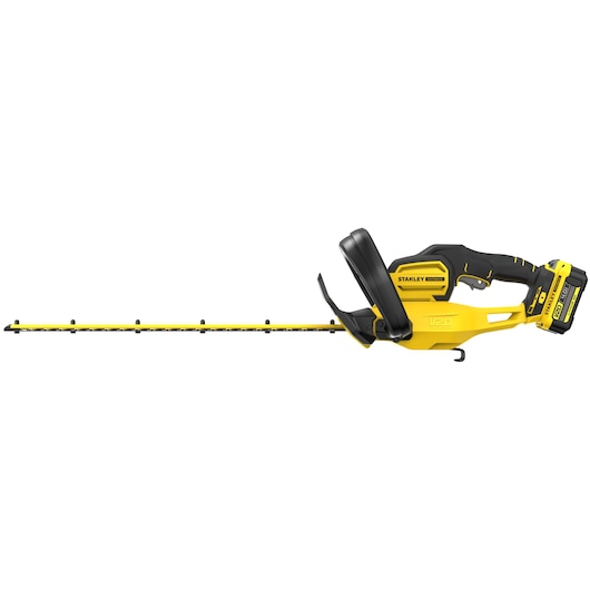 STANLEY SFMCHT655M1 cordless hedge trimmer, yellow and black, side view on white background.