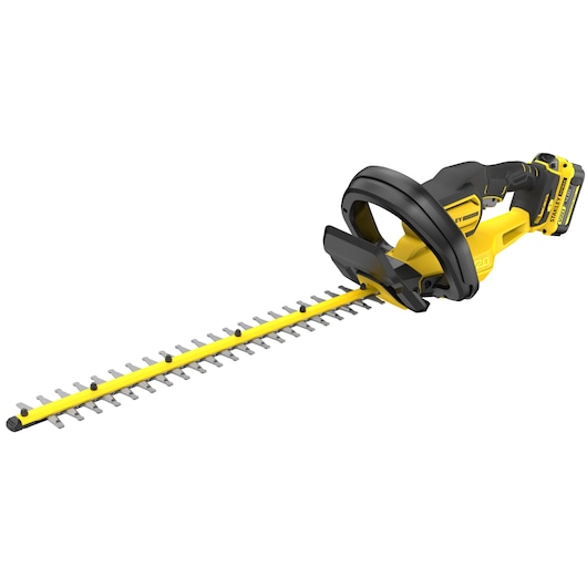 STANLEY SFMCHT655M1 cordless hedge trimmer, yellow and black, side angle with visible blade and handle.