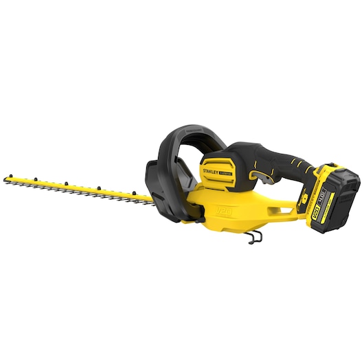 STANLEY SFMCHT655M1 cordless hedge trimmer, black and yellow, side angle on white background.