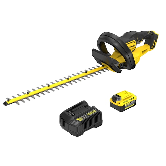 Photo of STANLEY SFMCHT655M1 cordless hedge trimmer kit with yellow and black trimmer, charger, and battery, front angle.