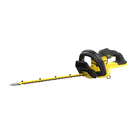 STANLEY SFMCHTB866B cordless hedge trimmer, yellow and black, side angle on white background.