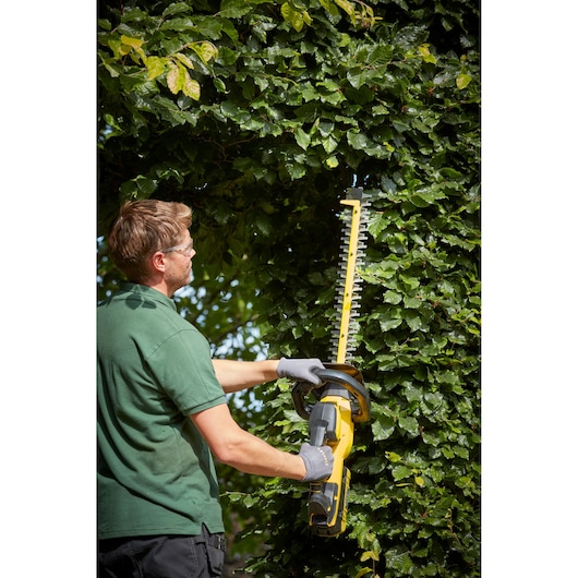 STANLEY SFMCHTB866B hedge trimmer being used to trim green hedge outdoors.