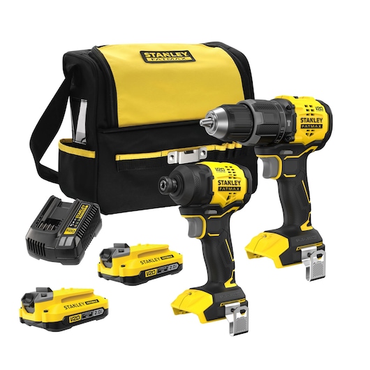 STANLEY SFMCK201D2S tool kit with yellow bag, drill, impact driver, batteries, and charger, front angle.